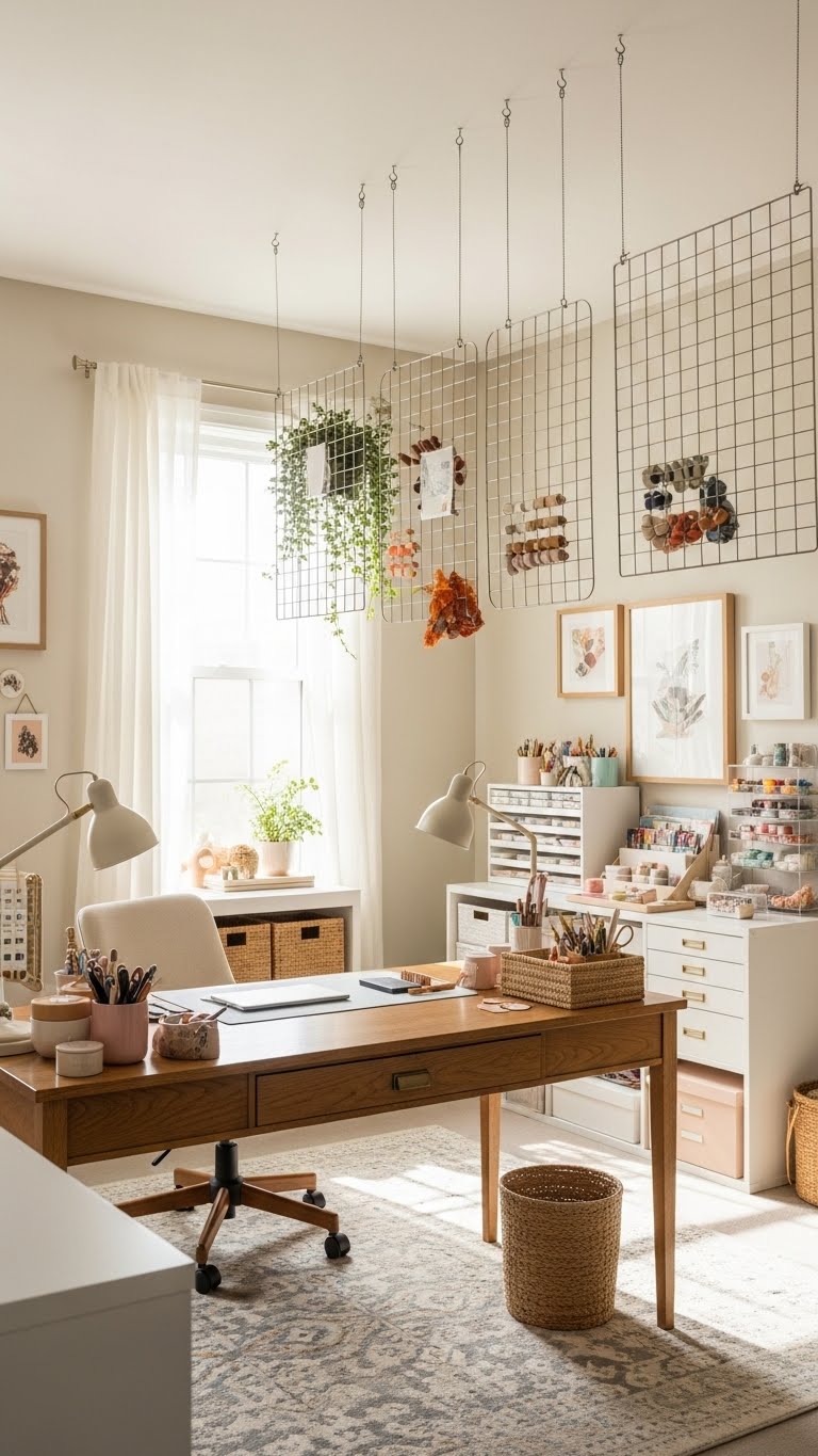 15 Craft Room Office Ideas with Hanging Wire Grids