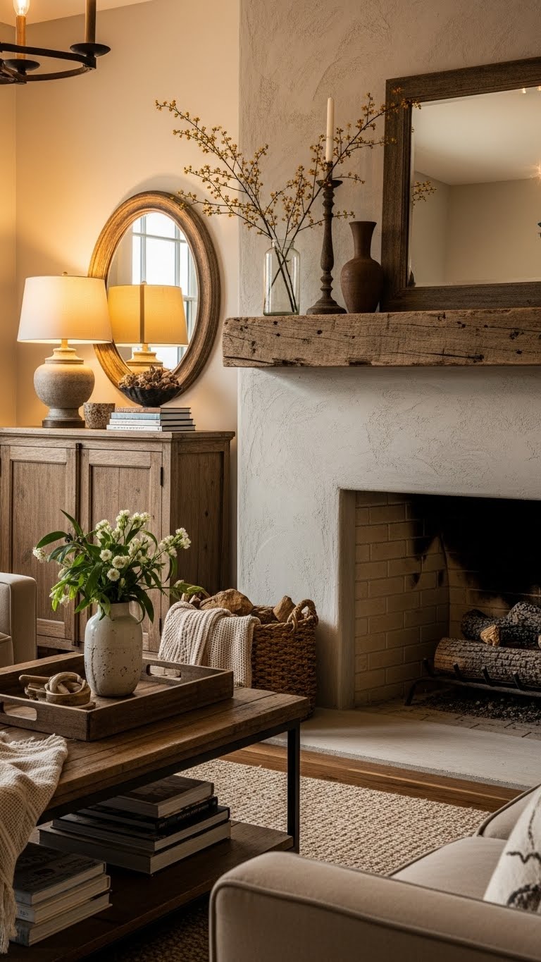 18. Rustic Charm with Textured Plaster Fireplaces